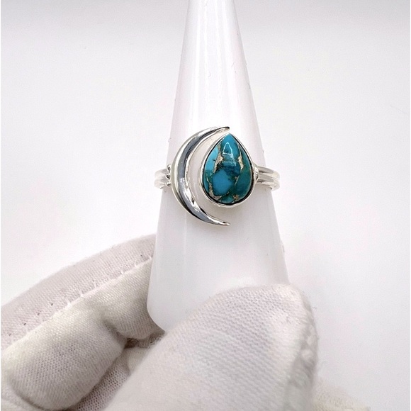 Jewelry - Genuine Copper Turquoise .925 Sterling Silver Moon Teardrop Ring